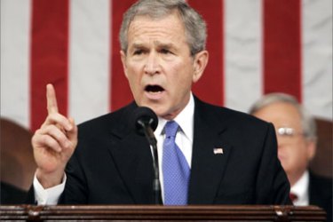 US President George W. Bush delivers his fifth State of the Union address 31 January 2006 on Capitol Hill in Washington, DC. Bush renewed his pledge to press for democratic change in the Middle East and beyond, calling on US allies Egypt and Saudi Arabia to expand political reform.