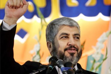 Hamas leader Khaled Meshaal attends a religious ceremony to commemorate the birthday of Prophet Mohammad in Tehran, Iran April 16, 2006.