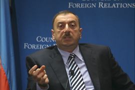 f_Azerbaijani President Ilham Aliyev speaks to the Council on Foreign Relations in Washington 26 April 2006, at