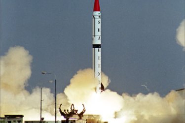 Picture shows a Pakistani nuclear-capable missile Hatf VI (Shaheen II) being test fired at an undisclosed location, 29 April 2006. Pakistan 29 April successfully test fired a nuclear capable missile with a range of 2,000 kilometers (1,250 miles), the military said. It was the second test firing of the surface-to-surface Hatf VI (Shaheen II) missile, which was earlier tested in March 2005.