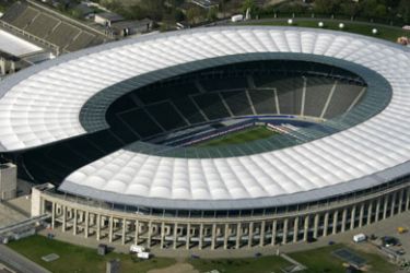 An aerial picture shows the Olympic stadium and the surroundings which will be used for the FIFA 2006 World Cup in Berlin, Germany May 2, 2006.