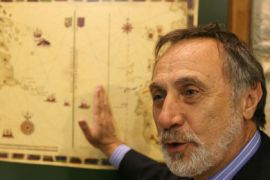 University of Valladolid Colombus specialist Jesus Varela Marcos shows the first map made by Christopher Columbus after his first two trips to the West Indies,