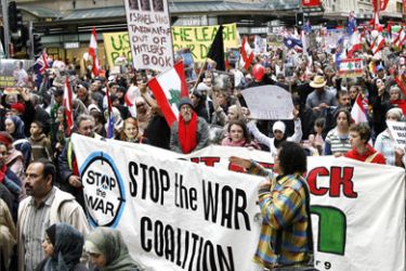 A coalition of students, socialists and peace activists join over 10,000 mostly Lebanese-Australians on a march through the streets of Sydney, 22 July 2006.