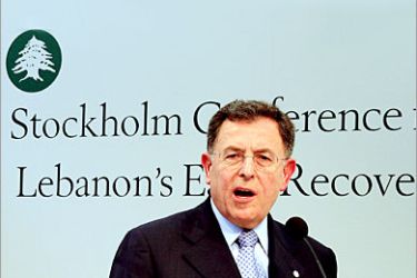 AFP - Lebanese Prime Minister Fuad Siniora speaks during a press conference as officials from more than 50 countries meet in Stockholm 31 August 2006 to try and raise 500 million dollars