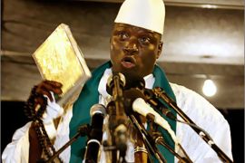 REUTERS /Gambian President Yahya Jenneh gestures during a speech at his final campaign rally in the capital Banjul, September 20, 2006. Gambia will hold presidential elections on Friday.