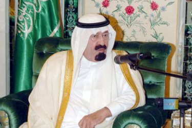 Saudi King Abdullah bin Abdul Aziz speaks during a meeting with Iraqi Vice President Tareq al-Hashemi and Iraqi Muslim clerics (unseen) at the Royal Palace in Mecca,