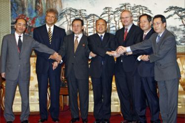 Top envoys representing their respective countries for six-party talks join hands during a photo call with Chinese Foreign Minister Li Zhaoxing (C), 20 December 2006, at the Diaoyutai State Guesthouse in Beijing. Pictured are Japan's Kenichiro Sasae (L), Russia's Sergey Razov (2nd L), North Korea's Kim Kye-Gwan (3rd L), the US's Christopher Hill (3rd R), South Korea's Chung Yung-Woo (2nd R) and China's Wu Dawei (R).