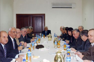 In this image made available by the Palestinian Press Office 01 December 2006, Palestinian leader Mahmud Abbas chairs a meeting with the Palestine Liberation Organisation (PLO) executive committee and leaders of all parliamentary groups apart from Hamas at the Palestinian Authority headquarters in West Bank city of Ramallah