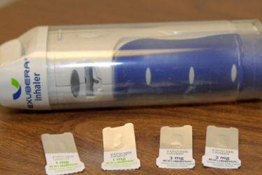 The new Exubera insulin inhaler (in the closed position) and insulin blister packs are displayed at Floyd Memorial Hospital's Solin Diabetes Center in New Albany, Indiana,