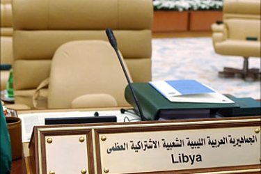 f_Chairs reserved for the Libyan delegation remain empty at the opening of the Arab Summit, 28 March 2007 in Riyadh. Libya is the only Arab League member boycotting the two