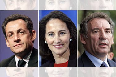 f_This combo made 13 April 2007 with 12 recent pictures shows the French presidential election. First row, from left : right-wing UMP's Nicolas Sarkozy, socialist party's Segolene Royal, centrist party UDF's Francois Bayrou, afp