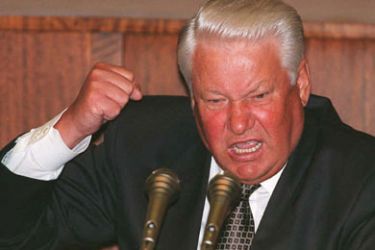 (FILES) Picture taken 08 September 1995 shows Russian President Boris Yeltsin reacting during a news conference in the Kremlin to the role NATO is playing in Europe