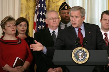 f_US President George W. Bush speaks during a press conference 16 April 2007 in the Rose Garden of the White House in Washington, DC. Bush was expected to renew his demand for congressional action on an emergency bill