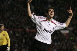 r - AC Milan's Kaka celebrates scoring against Manchester United during their Champions League semi-final first leg soccer match in Manchester