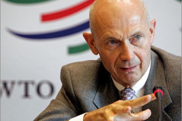 AFP/World Trade Organization (WTO) director-general Pascal Lamy gestures during a press conference 09 May 2007 following a general meeting of the WTO