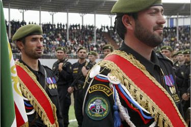REUTERS/Chechen Interior Ministry troops stand at attention during World War Two victory celebrations in Grozny May 9, 2007. Russia celebrated on Wednesday the 62nd anniversary of the World War Two