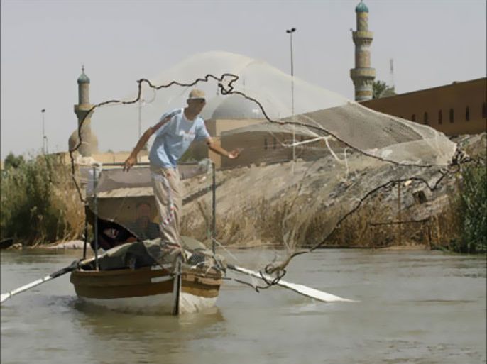 A fisherman casts his net into the River Tigris in central Baghdad July 11, 2007. Dead bodies frequently are pulled from the Tigris which has dulled the capital's appetite