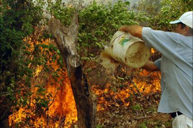 f_A peasant empties a bucket of water on a forest fire 04 October, 2007 near the village of Porongo, 15km from Santa Cruz, Bolivia. Forest fires out of control, caused by peasants