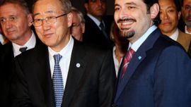 UN Secretary General Ban Ki-moon (L) shakes hands with Saad Hariri, Lebanese parliamentary majority leader, during their meeting in Beirut