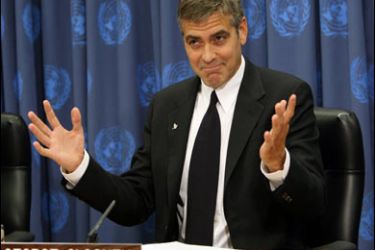 AFP PHOTO / US actor and human rights advocate George Clooney speaks at the United Nations Headquarters 31 January 2008