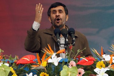 epa01251938 Iranian president Mahmoud Ahmadinejad speaks during a ceremony marking the 29th anniversary of the 1979 Islamic revolution in Tehran, Iran, 11 February 2008 Ahmadinejad said Iran would show no concession in the nuclear dispute and not be intimidated Western by