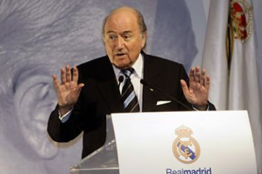 FIFA President Sepp Blatter delivers a speech during a tribute for Real Madrid great Alfredo Di Stefano at Madrid's Alfredo Di Stefano stadium