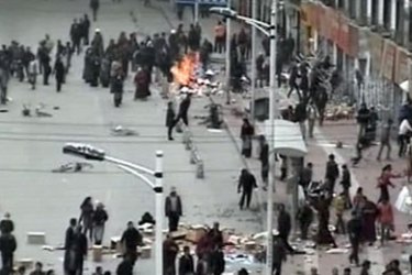 A screen grab from China's state television channel CCTV taken on March 20, 2008 shows protestors in the streets of the Tibetan capital Lhasa