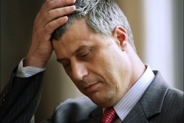 afp : Kosovo Prime Minister Hashim Thaci is seen at United Nations headquarters after attending a Security Council meeting on April 21, 2008 in New York. The Security Council