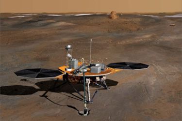 This handout illustration provided by NASA/JPL, on May 25, 2008 shows an artist's conception of the Phoenix Mars Lander on the Red Planet. Phoenix is slated to land on Mars on May 25, 2008