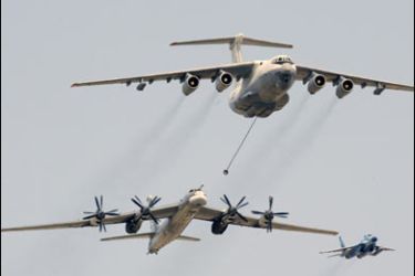 r/A Russian Il-76 air tanker (top) demonstrates refuelling a Tu-95 bomber as they fly above Red Square during a Victory Day military parade in Moscow May 9, 2008.