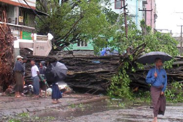 epa01333376 A handout made available by the Democratic Voice of Burma shows Residents of Yangon with umbrellas look at a large tree blocking a road uprooted during tropical cyclone Nargis in Yangon, Myanmar, 04 May 2008.
