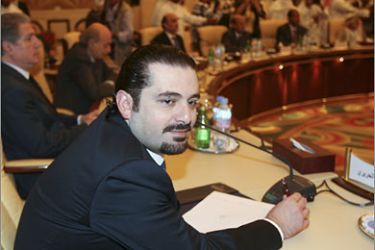 REUTERS/Lebanon's parliament majority leader Saad al-Hariri looks on during the second day meeting talks in Doha May 17, 2008. Lebanon's rival