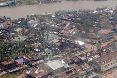 This aerial view shows some of the devastation, with many roofs missing, in a village in the Irrawaddy Delta region on May 5, 2008.
