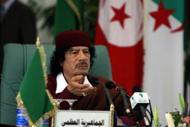 afp : Libyan leader Moamer Kadhafi attends a mini-summit of North African leaders plus the Syrian president in Tripoli on June 10, 2008. Libyan leader Moamer Kadhafi opposed