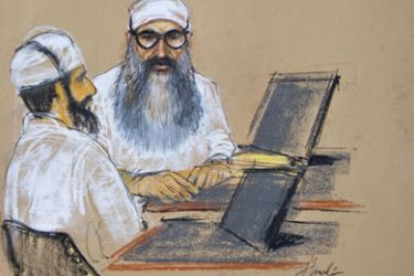 AFP/ In this photograph of a sketch by courtroom artist Janet Hamlin, reviewed by the US Military, Khalid Sheikh Mohammed (C), and Waleed bin Attash, two of the September 11, 2001 attacks co-conspirator suspects, attend their arraignment inside the war crimes courthouse at Camp Justice, the legal complex of the US Military Commissions, at Guantanamo Bay US Naval Base, Cuba, on June 5, 2008.