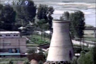afp : This TV footage from the National Chinese Television channel shows North Korea's cooling tower seconds before its public demolition at Yongbyon nuclear complex on June