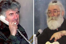 A combination of two pictures shows (L) war crime suspect Radovan Karadzic on the phone in Banja Luka in 1995, and (R) a recent picture of Radovan Karadzic in Belgrade.