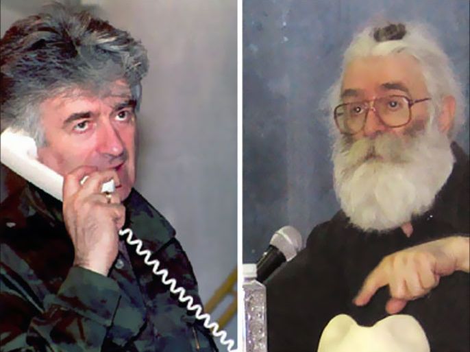 A combination of two pictures shows (L) war crime suspect Radovan Karadzic on the phone in Banja Luka in 1995, and (R) a recent picture of Radovan Karadzic in Belgrade.