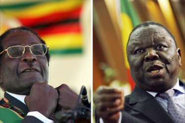 Combo picture shows Zimbabwean Movement for Democratic change (MDC) president Morgan Tsvangirai (R) on May 10, 2008 during a press conference in Pretoria and Zimbabwe's President Robert Mugabe (L) during celebrations marking the country's 28th anniversary of Independence on April 18, 2008 in Harare
