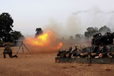 Government soldiers fire their artillery on Palampeddi village, which was recently recaptured from Tamil rebels, in north western Mannar, July 4, 2008. Sri Lanka beefed up security