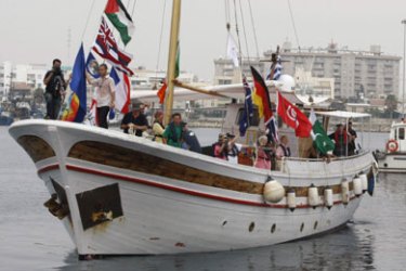 International activists leave on a boat from Larnaca August 22, 2008, in an attempt to run an Israeli sea blockade on 1.4 million Palestinians in Gaza.