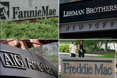 afp : (FILES) This combo of undated file photos shows US finance giants Fannie Mae (top L) and Freddie Mac (bottom R) and Lehman Brothers (R top) and insurer AIG. The US