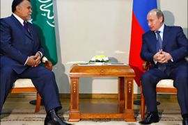 Russian Prime Minister Vladimir Putin (R) meets with Prince Bandar bin Sultan bin Abdul Aziz al-Saud, Saudi national security council secretary general and former Saudi ambassador to the United States (L) in Astrakhan on September 4, 2008. US Vice President Dick Cheney accused Russia Thursday of an "illegitimate" invasion to redraw the map of Georgia and cast doubt on whether Russia could be trusted as an international partner