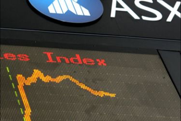 The All Ordinaries Index is displayed at the Australian Stock Exchange in Sydney on October 13, 2008. Australian share prices rebounded almost five percent by noon on October 13