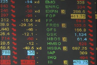 r/A screen shows every share with a downward arrow at the London Stock Exchange in the city of London October 24, 2008.