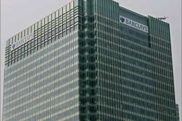 AFPFILES) This file picture taken on September 17, 2008 in Canary Wharf in east London shows the headquarters of Barclays Bank. British bank Barclays said