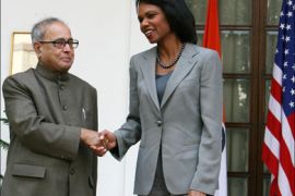afp : Indian External Affairs Minister Pranab Mukherjee (L) shakes hands with US Secretary of State Condoleezza Rice prior to a meeting at Hyderabad House in New Delhi on