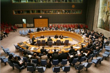/AFP - Members of Security Council listen to a presidential statement after a Security Council consultations on the latest development in the Democratic Republic of the Congo October 29, 2008 at United Nations headquarters in New York City. The U.N. Security Council met in an emergency session to address the deteriorating
