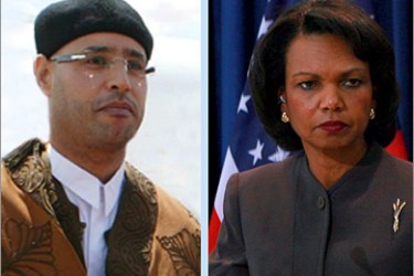 - US Secretary of State Condoleezza Rice + Saif al-Islam Gaddafi (L), son of Libyan president - المصدر الأوربية