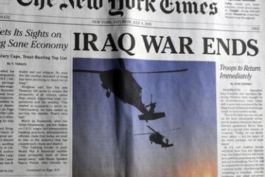 Photo of a spoof edition of The New York Times announcing "Iraq War Ends" which was an elaborate hoax, in which pranksters distributed thousands of free copies